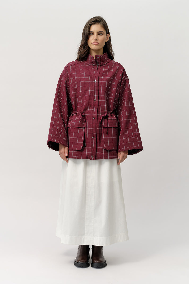 Josephine The Label Lawson Jacket in Port Wine, styled with the Gracie Maxi Skirt in White
