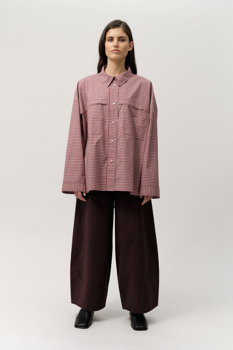 Josephine The Label Owen Shirt in Port Wine Check styled with the Lawson Pants in Chocolate