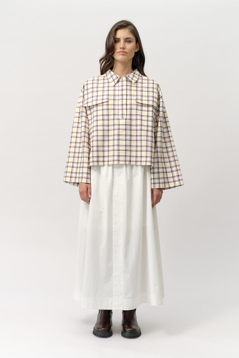 Josephine The Label Sibyl Popover in Port Wine and Butter Check styled with the Gracie Maxi Skirt in White