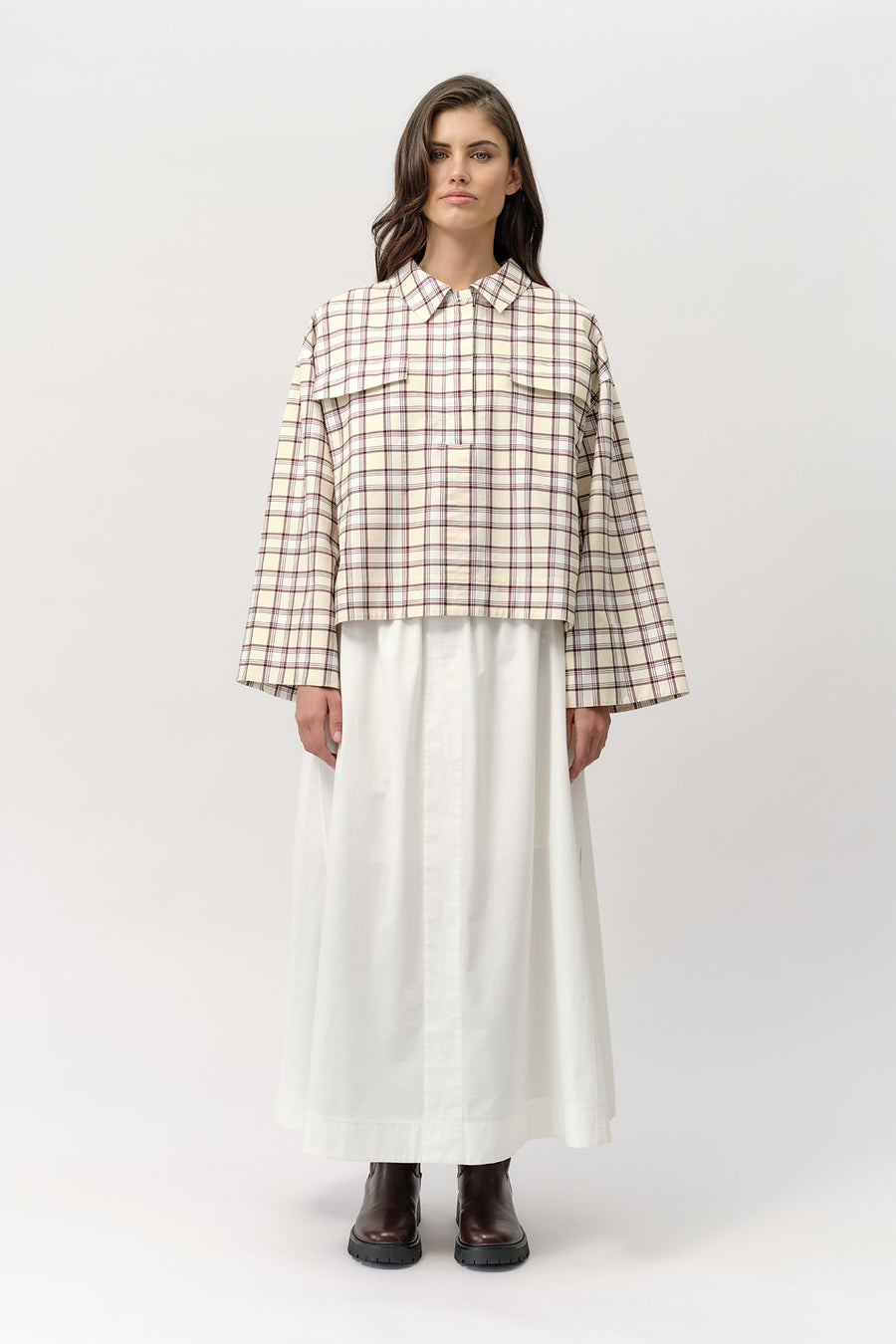 Josephine The Label Sibyl Popover in Port Wine and Butter Check styled with the Gracie Maxi Skirt in White