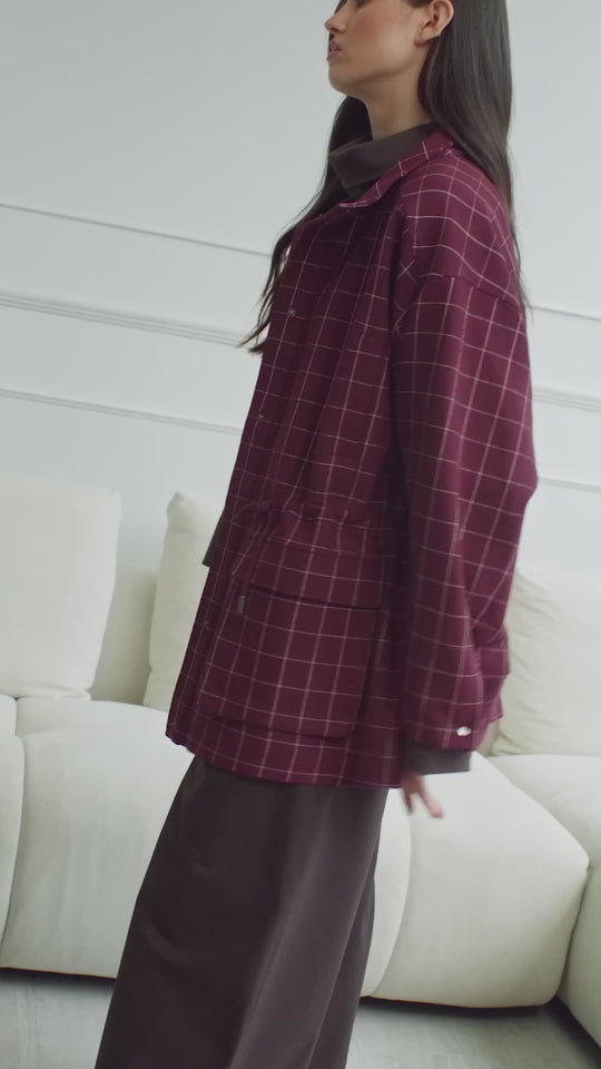 Josephine The Label Lawson Jacket in Port Wine, styled with the Myles L/S Top and Lawson Pants both in Chocolate